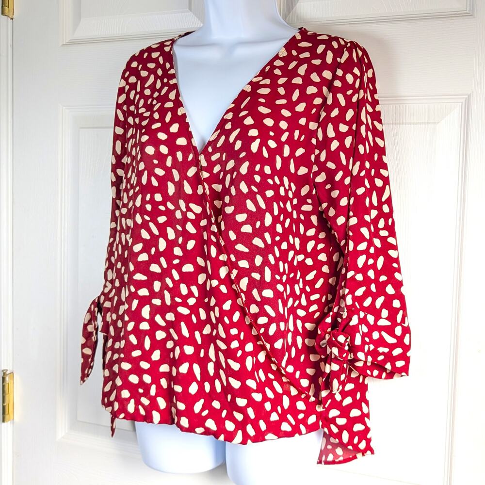 West K Burgundy Dot Alexa Surplice Faux Wrap Blouse Medium w/ Tie Sleeve